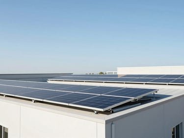 Sunlit modern healthcare clinic roof with newly installed solar panels under a clear blue sky, bright natural lighting