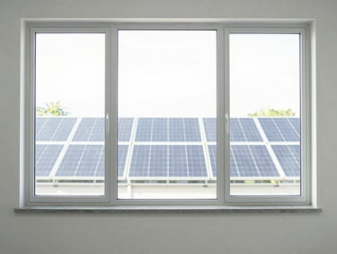 Bright clean healthcare clinic room with solar panels visible through the window, diffused daylight, 35mm lens