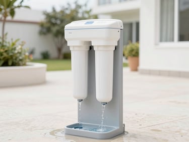 Clean, modern gravity water filtration system installed in a bright community courtyard with clean running water