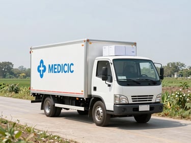 A bright outdoor shot of a delivery truck arriving at a clean rural clinic with medical supply boxes, natural daylight