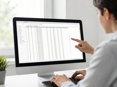 A clean, bright office setting where an auditor reviews digital ledger sheets on a monitor, natural window light