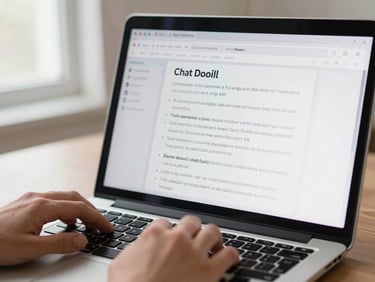 Close-up of a laptop screen showing a ChatGPT or free AI tool interface in Brazilian Portuguese, hands visible on keyboard, bright clean workspace lighting from a window to the left, shallow depth of field on the screen text