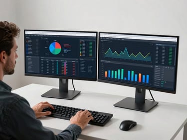 Wide shot of a Brazilian professional at a standing desk reviewing two monitors showing campaign analytics and ROI graphs, high-key studio lighting from above, focus on the screen data and the person's hands navigating the interface