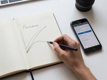 Overhead view of a desk with a notebook open showing a revenue tracking chart drawn by hand, a smartphone displaying a dashboard app beside it, natural daylight from top, clean uncluttered surface, Brazilian context objects visible