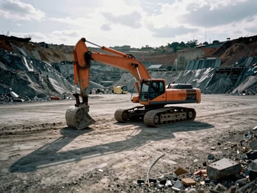 Wide-angle shot of a heavy tracked excavator operating in an industrial quarry, dramatic shadows, desaturated steel tones, 35mm film grain