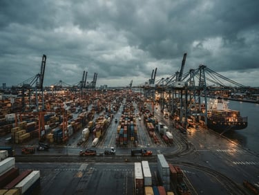 Wide environmental shot of a commercial container terminal at overcast dusk, massive gantry cranes in desaturated steel tones, subtle safety orange highlights, 35mm film grain