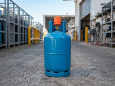 Straight-on eye-level medium shot of a clean, branded safety-blue LPG cylinder with a bright orange protective cap, set against a clean utility depot background under crisp daylight.