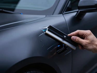 Extreme close-up of a flawless paint protection film application on a matte black supercar fender, a technician's hand using a squeegee with micron-level precision, dramatic blue lighting, 35mm