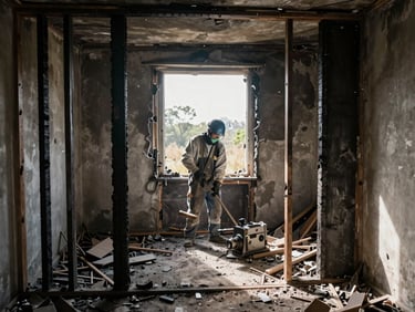 Fire-damaged room interior showing charred framing and soot-covered walls, a worker in protective gear beginning debris clearing, strong natural backlight through a burned-out window opening