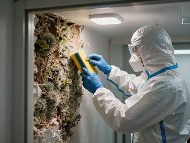Remediation technician in full protective gear scrubbing a mold-affected wall cavity, work lights illuminating the affected area, containment sheeting visible at the door frame