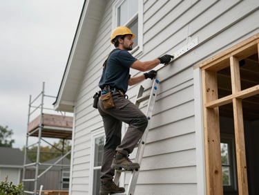 Crew member on a ladder applying siding to a home exterior, overcast daylight, scaffolding visible in background, raw wood framing partially covered on the right