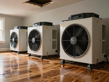 Industrial air movers and dehumidifiers deployed on a water-damaged hardwood floor, visible water staining on baseboards, natural light from a damaged ceiling above, documentary framing