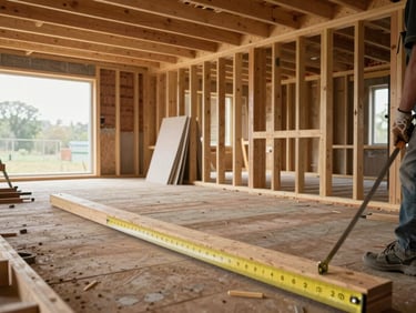 Wide shot of a gut-renovation in progress, exposed framing studs and subfloor, a worker measuring lumber in the foreground, construction materials staged along the wall, natural daylight from a window opening
