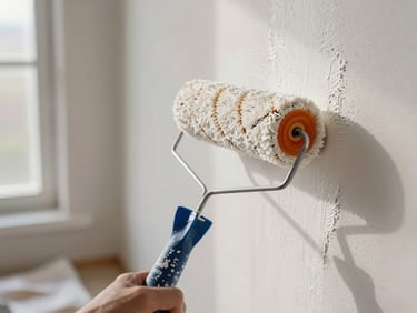Close-up of a painter's roller applying warm white paint to an interior wall, natural window light catching the wet edge, drop cloth visible on the floor below