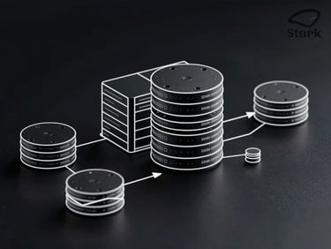 Stark high-contrast system architecture diagram, vector style, white lines on dark background, showing microservices and database clustering, clean technical layout.