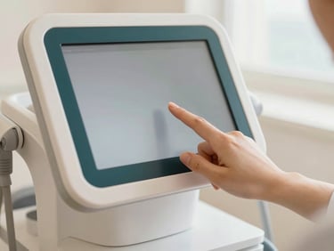 Detail of advanced medical aesthetic technology, clean and modern, with a soft focus on a hand interacting with a screen. Bright, natural lighting.