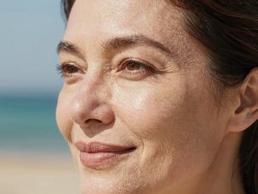 Close-up of a mature woman's radiant, natural skin, with soft, bright Mediterranean daylight, shallow depth of field. Focus on healthy skin texture, not perfection.