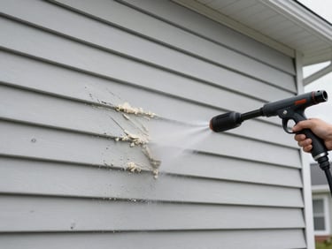 Wide environmental shot of a pressure washer wand working on a light-grey vinyl siding panel of a new Brossard residential home, construction dust and mortar residue visibly lifting off in a streak under overcast daylight, close-up framing showing the clean strip versus the dirty surface beside it