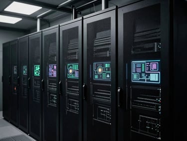 Abstract data visualizations on physical screens in a server room, high-contrast urban setting, deep shadows, desaturated industrial tones, 35mm film
