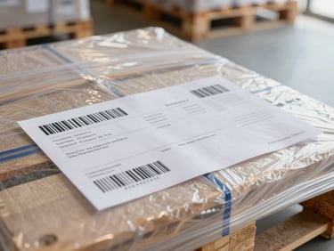 Close-up shot of a shipping label with clear barcode on a neatly wrapped pallet, bright clean warehouse background, high-key lighting.