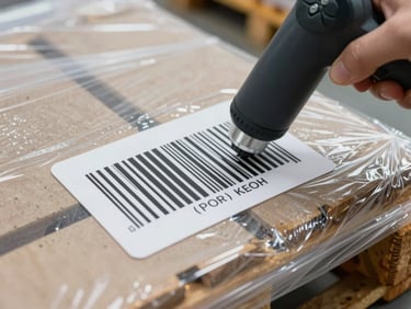 Close-up of a high-resolution barcode label being scanned on a shrink-wrapped pallet under bright warehouse lighting