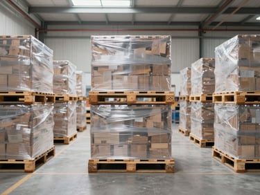 Straight-on architectural shot of a bright, clean UK warehouse interior, neatly stacked pallets with shrink-wrap, high-key industrial lighting, neutral colors.