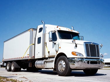 Low-angle heroic shot of a heavy-duty semi-truck with a flatbed trailer secured with cargo straps, parked under a bright midday Florida sun, wide-angle lens, high-contrast saturated tones, 35mm