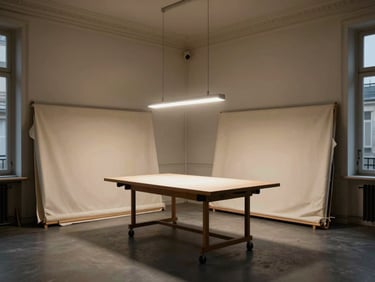 Wide shot of an empty Parisian atelier workroom at dusk, a single drafting table under directional lamp light, bolts of ivory fabric resting against the far wall, no people, hushed and architectural atmosphere