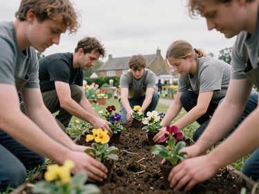 Volunteers planting flowers in a village green, hands in soil, soft natural overcast daylight, candid framing, Scholes village in background