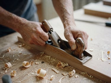 Close-up of wood shavings on a carpenter's workbench, hands using a traditional hand plane on a piece of oak wood.