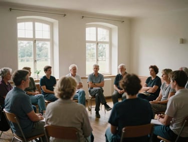 Interior of a historic village hall, community members seated and engaged in discussion, soft natural light from large windows, candid framing