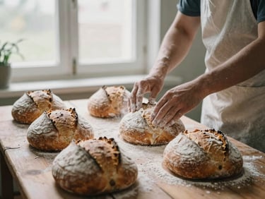 Hands of a baker dusting flour over freshly baked sourdough loaves on a rustic wooden table, soft morning window light.