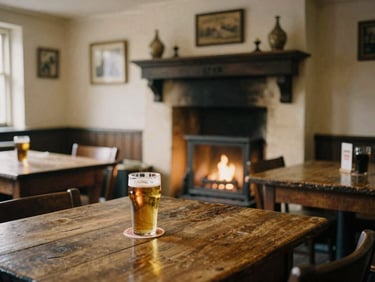 Candid shot of a cozy traditional English village pub interior, warm golden light from a fireplace, rustic wooden tables, pint of ale on a coaster.