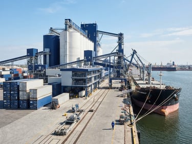 Crisp commercial photography of a modern grain terminal with shipping containers, bright clean daylight, deep blue tones, high-end industrial logistics