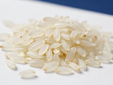 Macro photography of raw IR64 long grain rice on a clean white laboratory surface, showing precise grain length and translucent texture.