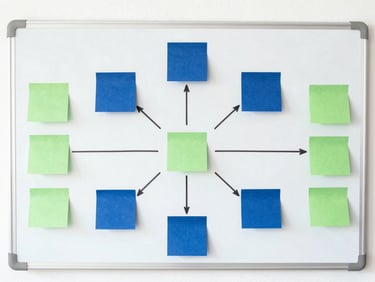 Overhead shot of a whiteboard with workflow diagrams and sticky notes, bright natural light, clean workspace, minimalist composition, 35mm.