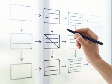 Close-up of hands sketching data flow diagrams on a glass board, high-key bright natural light, abstract geometric diagrams, 35mm.