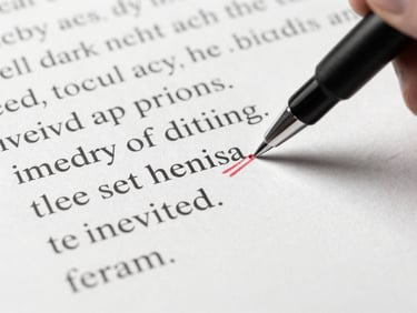 Sharp editorial photography of printed copywriting drafts with red pen edits, clean workspace, high-contrast studio lighting, monochrome with deep shadows, crisp details, 50mm lens.