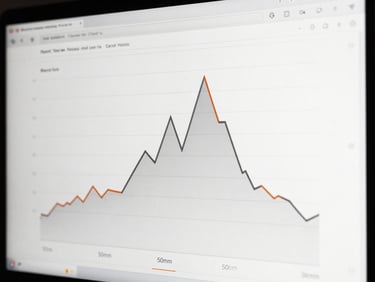 Sharp editorial photography of a split-test analytics screen showing a conversion spike, high-contrast studio lighting, monochrome with deep shadows, crisp details, 50mm lens, orange trend lines.