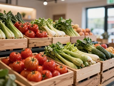 A vibrant, modern boutique market interior with neatly stacked wooden crates of fresh organic produce, warm indoor glow.