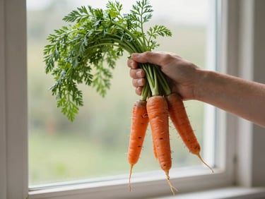 A farmer's hands holding a bunch of freshly harvested heirloom carrots with green tops, morning overcast lighting.
