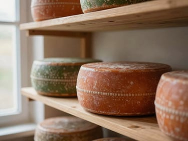 A close-up of artisanal cheese wheels resting on clean wooden aging shelves, soft window light highlighting the texture.