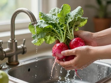 Hands washing fresh organic radishes under a rustic outdoor faucet, water droplets flying, soft natural light.