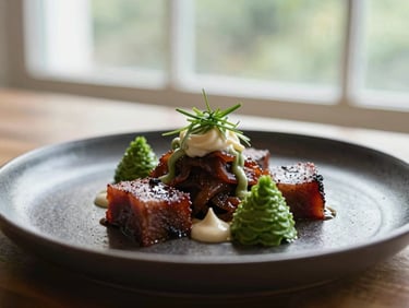 Close-up of a beautifully plated artisanal dish on a dark ceramic plate, soft natural window lighting, forest green accents.