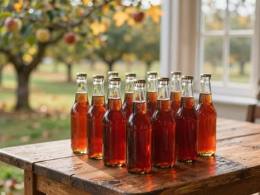 A rustic wooden table covered with freshly pressed apple cider bottles, warm autumn sunlight filtering through orchard trees.