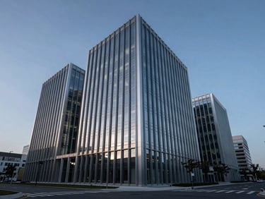 Cinematic wide-angle environmental shot of a modern architectural corporate headquarters at twilight, cool silver-blue lighting, dramatic shadows, clean grid lines, expansive sky.