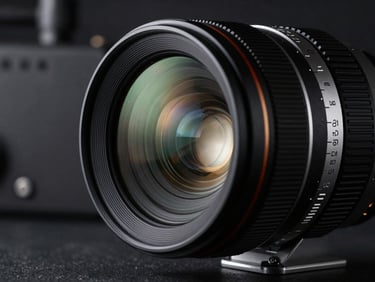 Extreme macro close-up of a high-end cinema lens, dramatic low-key studio lighting with cool silver reflections on the glass element, dark industrial background.