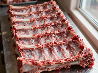 Overhead close-up of bone-in short ribs arranged flat on a butcher counter, rich red color and clear bone structure, warm natural window light from the right, no styling or garnish