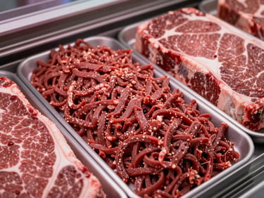 Overhead close-up of ground beef portions in a butcher shop tray, deep red color, natural daylight from a shop window, honest and unposed, no garnish or styling