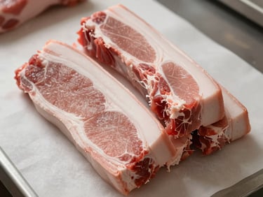 Close-up overhead of pork shoulder cuts stacked on a white butcher paper on a counter, visible fat cap, soft natural daylight from above, warm and honest, no plate or garnish